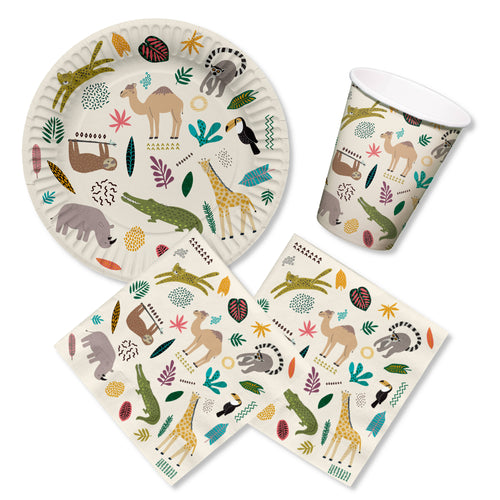 Anila's Zoo Party Pack for 16, 23 cm Plates, 250 ml Cups, Napkins for Kids’ Parties