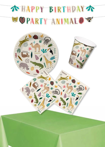 Anila's Zoo Party Pack for 8, 23 cm Plates, 250 ml Cups, Garland & Table Cover
