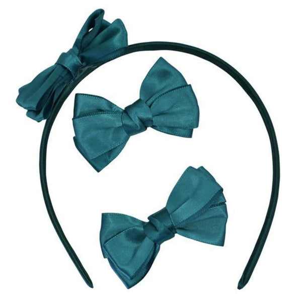 Bottle Green Satin Bow Alice Headband & Pair of Bow Hair Clips - Anilas UK
