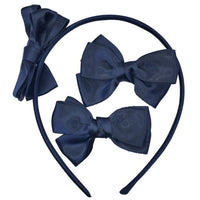 Navy Blue Satin Bow Alice Headband & Pair of Bow Hair Clips - Anilas UK