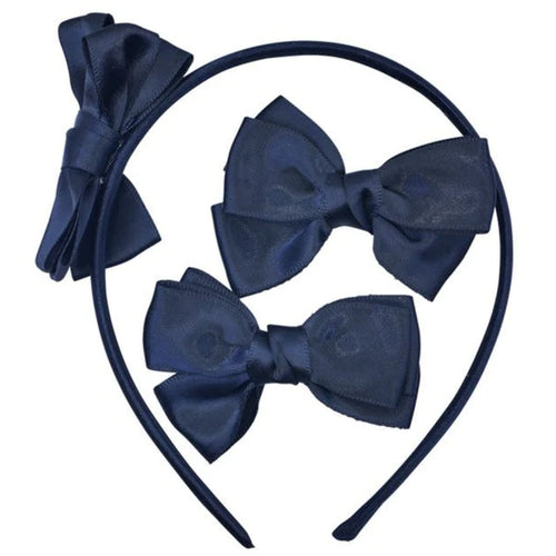 Navy Blue Satin Bow Alice Headband & Pair of Bow Hair Clips - Anilas UK