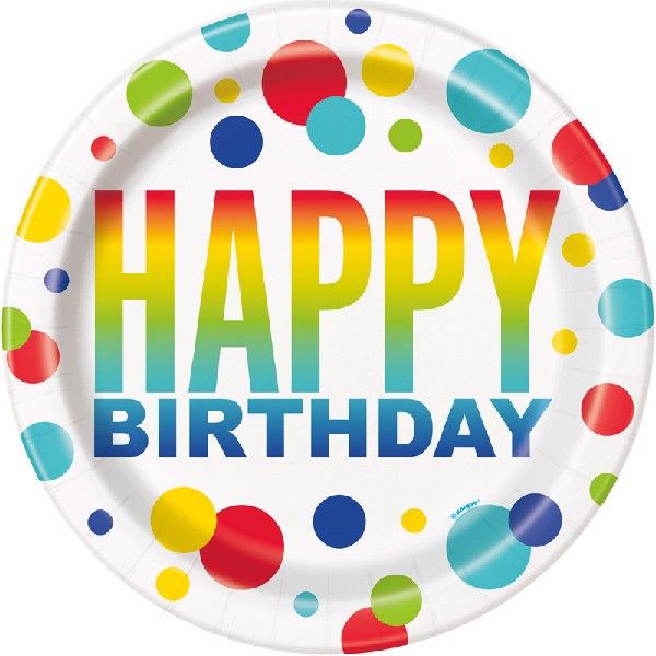 Rainbow Spots Happy Birthday Round Paper Plates - 21.9cm (Pack of 8) - Anilas UK