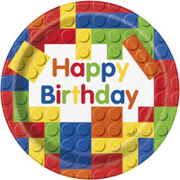 Bricks Happy Birthday Round Paper Plates - 21.9cm (Pack of 8) - Anilas UK