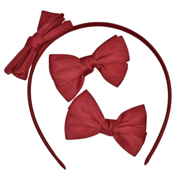 Burgundy Satin Bow Alice Headband & Pair of Bow Hair Clips - Anilas UK