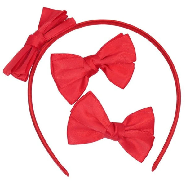 Red Satin Bow Alice Headband & Pair of Bow Hair Clips - Anilas UK