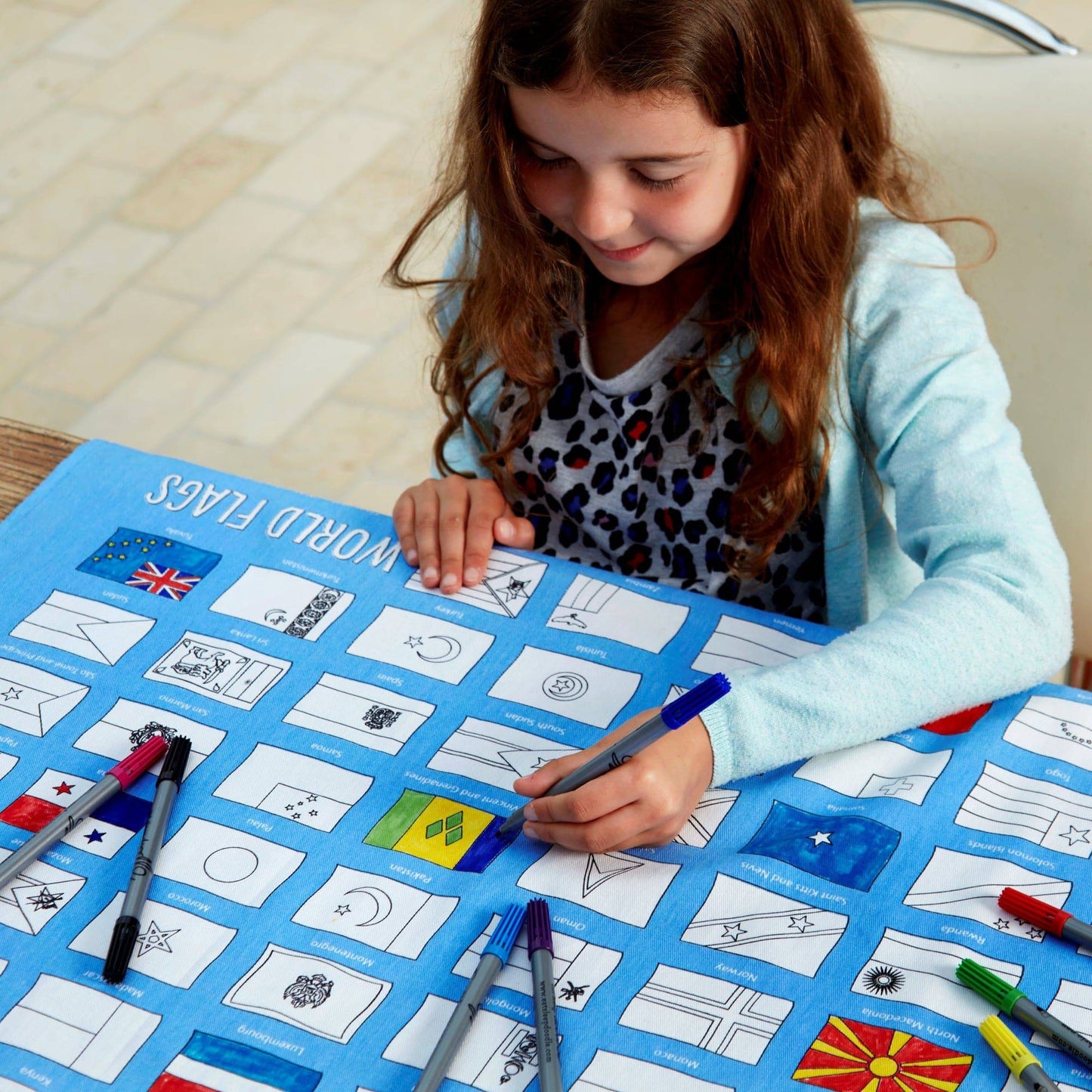 Eat Sleep Doodle's World Flags Colour in Tablecloth - Anilas UK