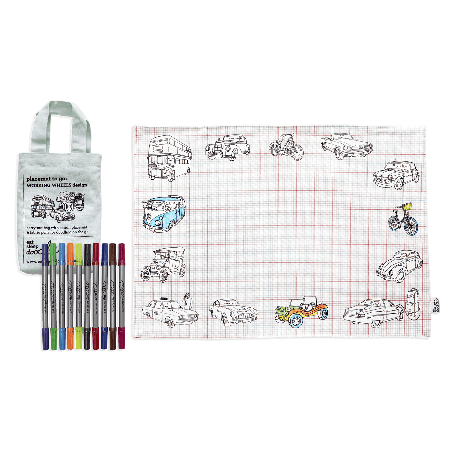 Eat Sleep Doodle's Working Wheels Placemat To Go & Colour In - Anilas UK