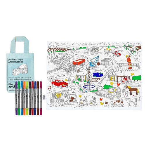Eat Sleep Doodle's Working Wheels Placemat To Go & Colour In - Anilas UK