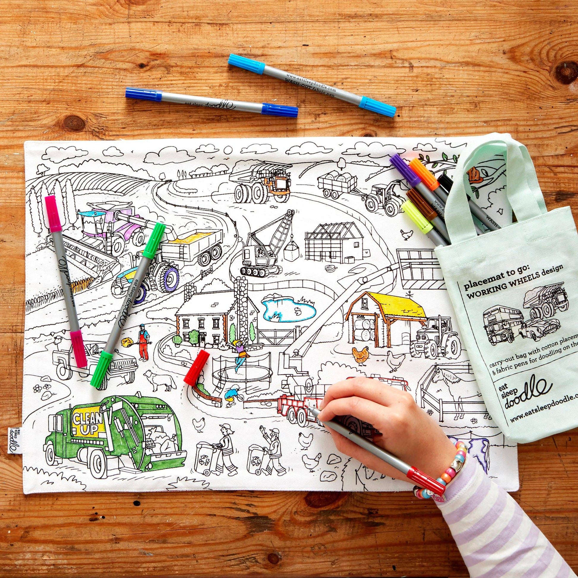 Eat Sleep Doodle's Working Wheels Placemat To Go & Colour In - Anilas UK
