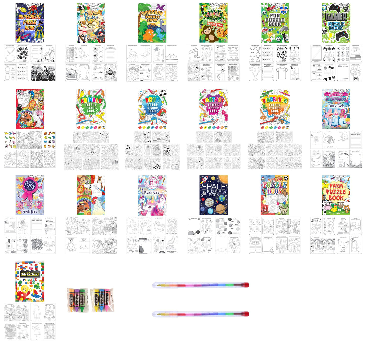Assortment of 19 Puzzle and Colouring A6 Books with Stickers, Crayon Erasers and Stacker Pencils - Anilas UK