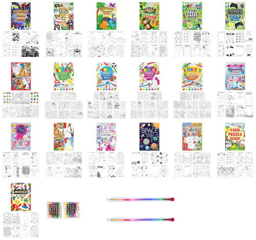 Assortment of 19 Puzzle and Colouring A6 Books with Stickers, Crayon Erasers and Stacker Pencils - Anilas UK