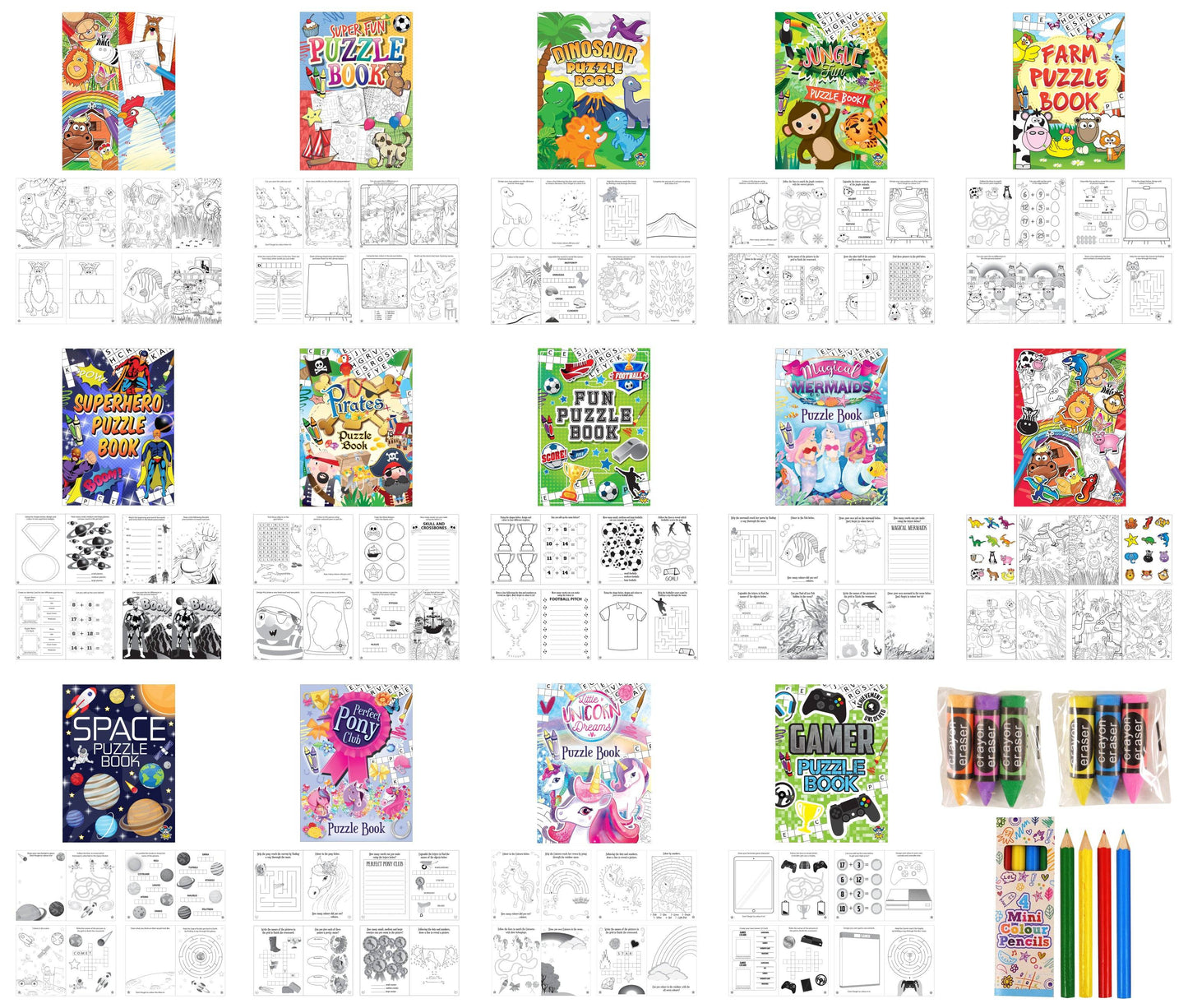 Assortment of 14 Puzzle and Colouring Books with Stickers, Crayon Erasers and Pencils - Anilas UK