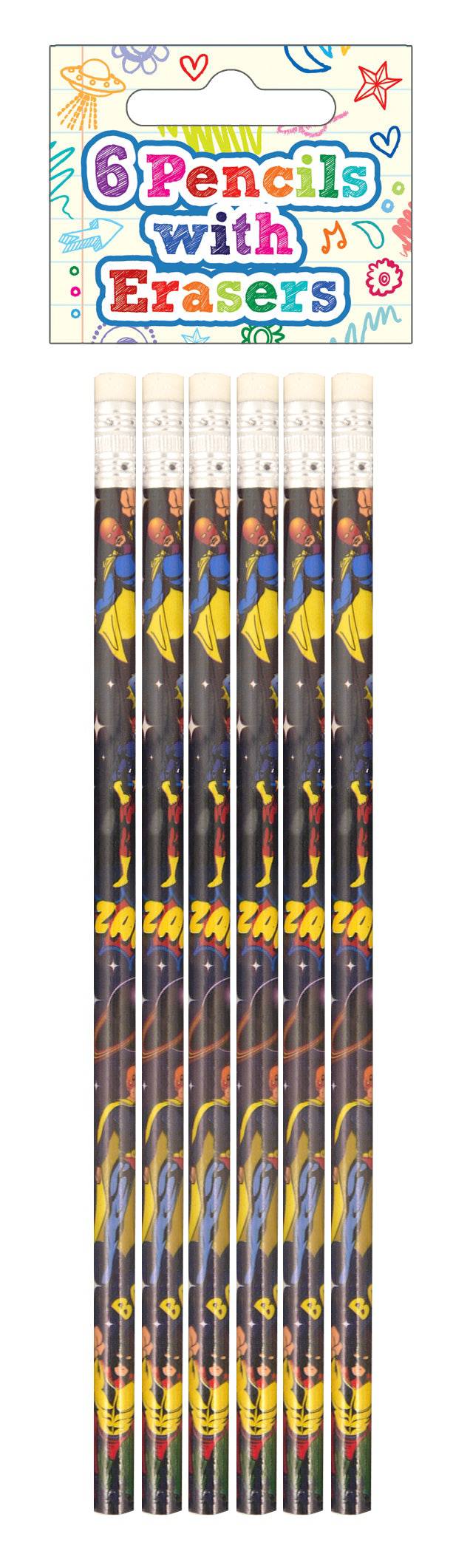 Set of 6 Superhero Pencils with Eraser Top Rubber - Anilas UK
