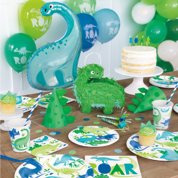 Blue & Green Dinosaur Birthday Round 9" Dinner Plates - 21.9cm (Pack of 8) - Anilas UK
