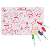 Super Petit - Mini Reversible Colouring Placemats With 4 Felt Pens -Construction - Anilas UK