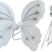 Large White Fairy Butterfly Wings and Wand with Glitter - Anilas UK