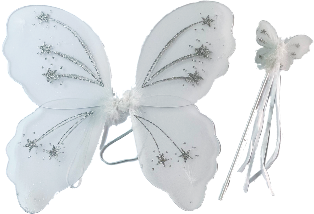 Large White Fairy Butterfly Wings and Wand with Glitter - Anilas UK